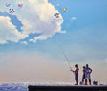 People fishing on a dock with kites flying in the sky