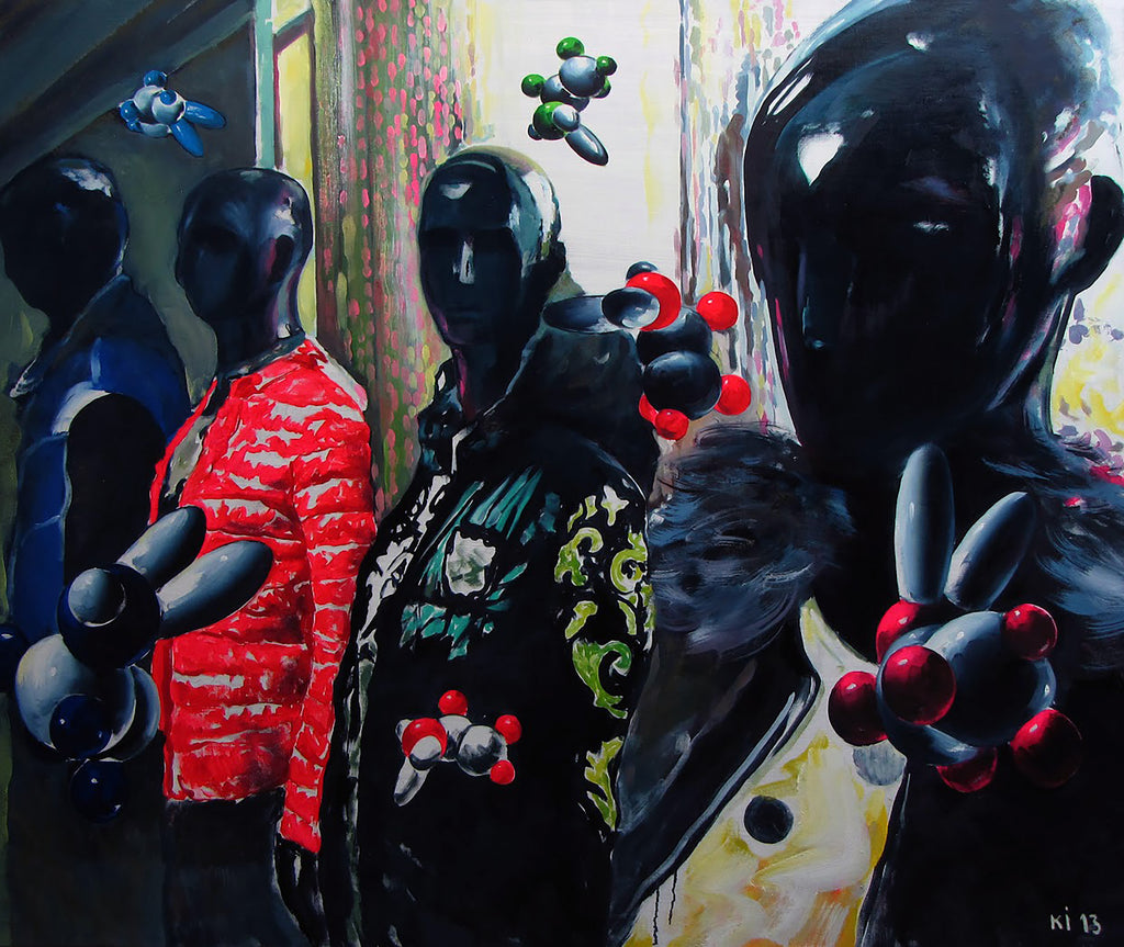 Black mannequins wearing colorful outfits with red and green accents against a vibrant background.