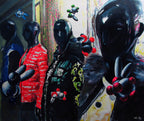 Black mannequins wearing colorful outfits with red and green accents against a vibrant background.