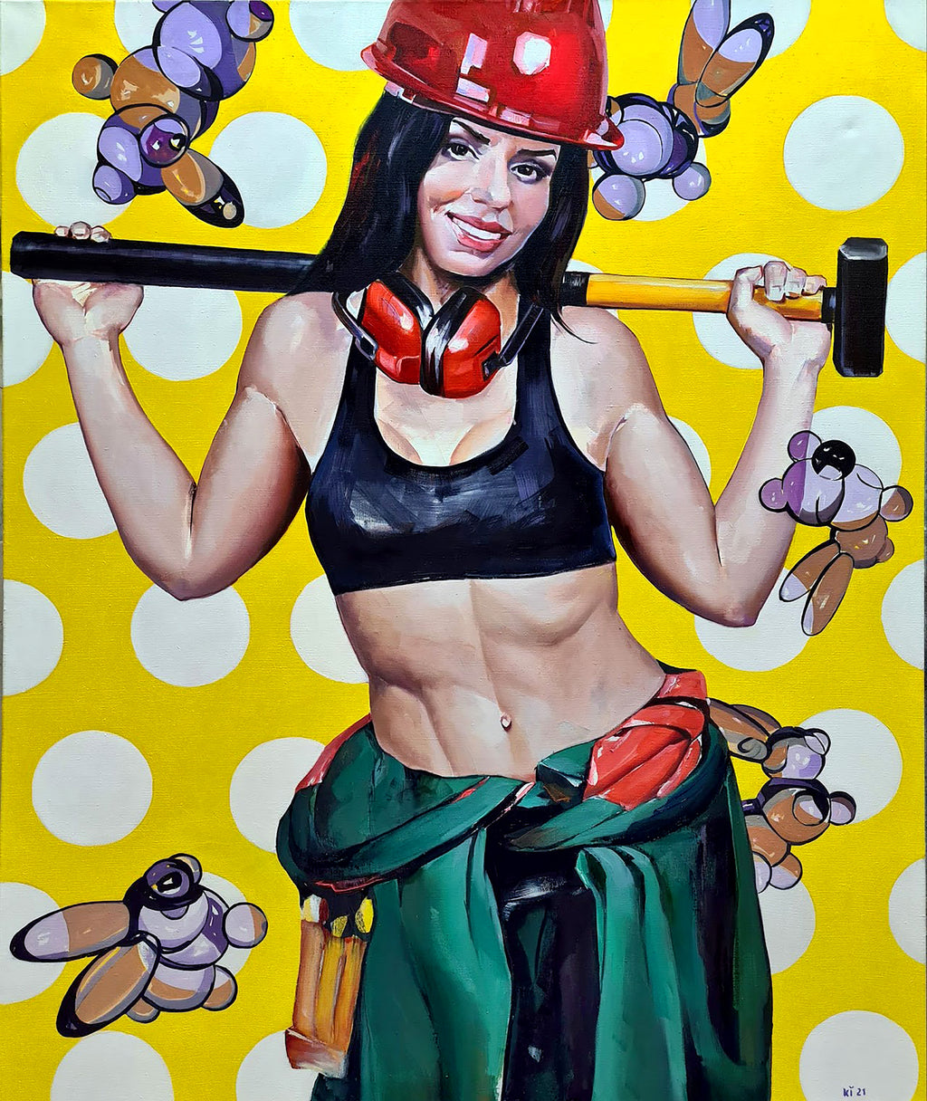 Woman in construction worker attire holding a sledgehammer against a polka dot background