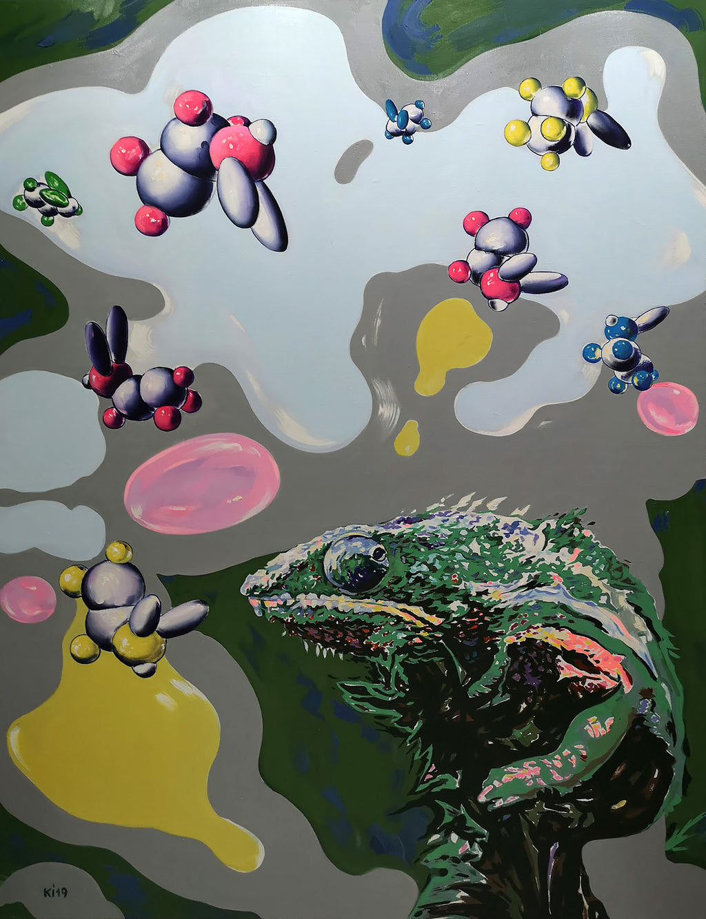 Abstract artwork with colorful shapes and a detailed frog-like creature.