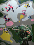 Abstract artwork with colorful shapes and a detailed frog-like creature.