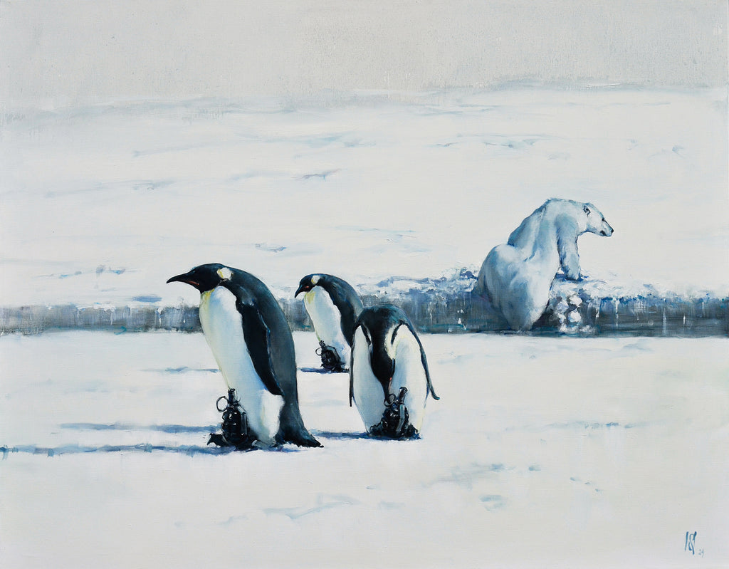 Three penguins standing on snow with a polar bear in the background