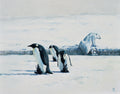 Three penguins standing on snow with a polar bear in the background