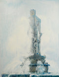 Fountain with a statue of a man holding a child, surrounded by water spray, on a light background.