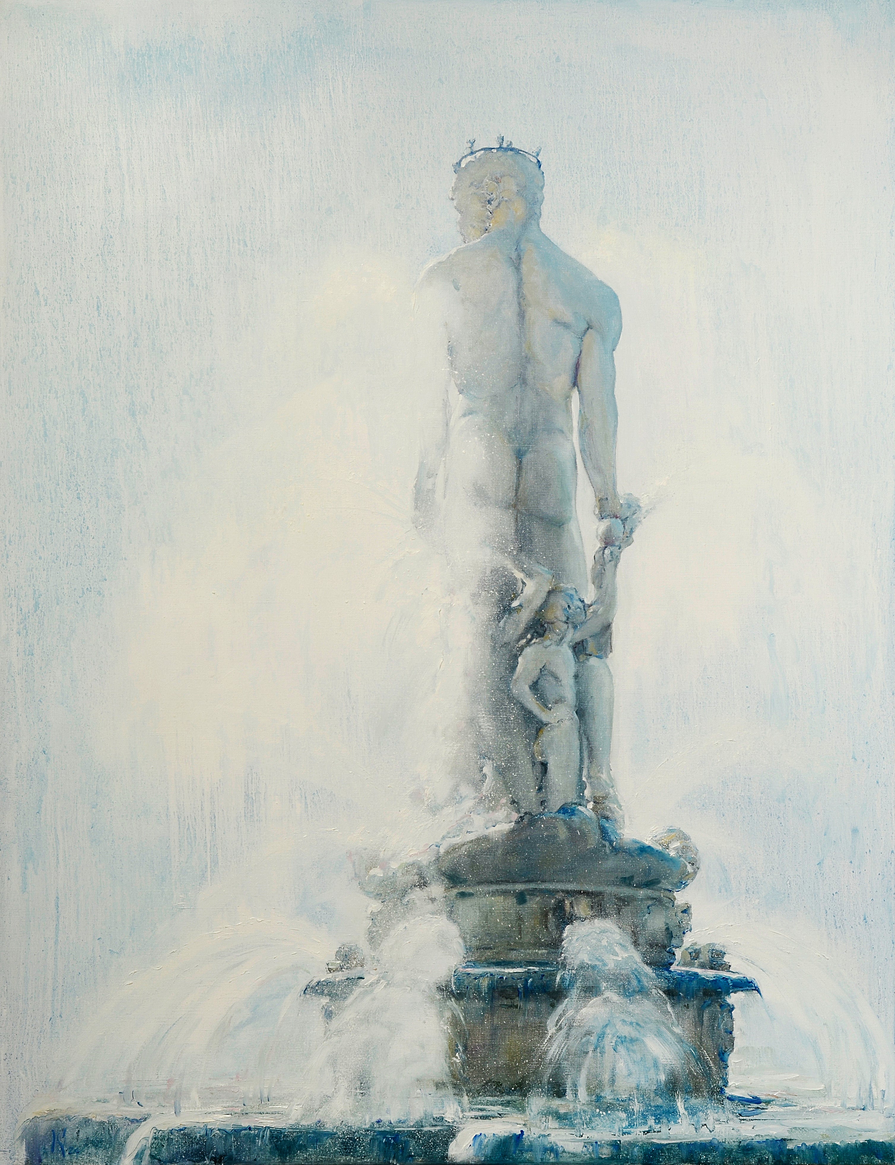 Fountain with a statue of a man holding a child, surrounded by water spray, on a light background.