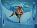 Man in swim trunks standing in a surreal underwater scene with a rhinoceros and jellyfish.