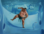 Man in swim trunks standing in a surreal underwater scene with a rhinoceros and jellyfish.