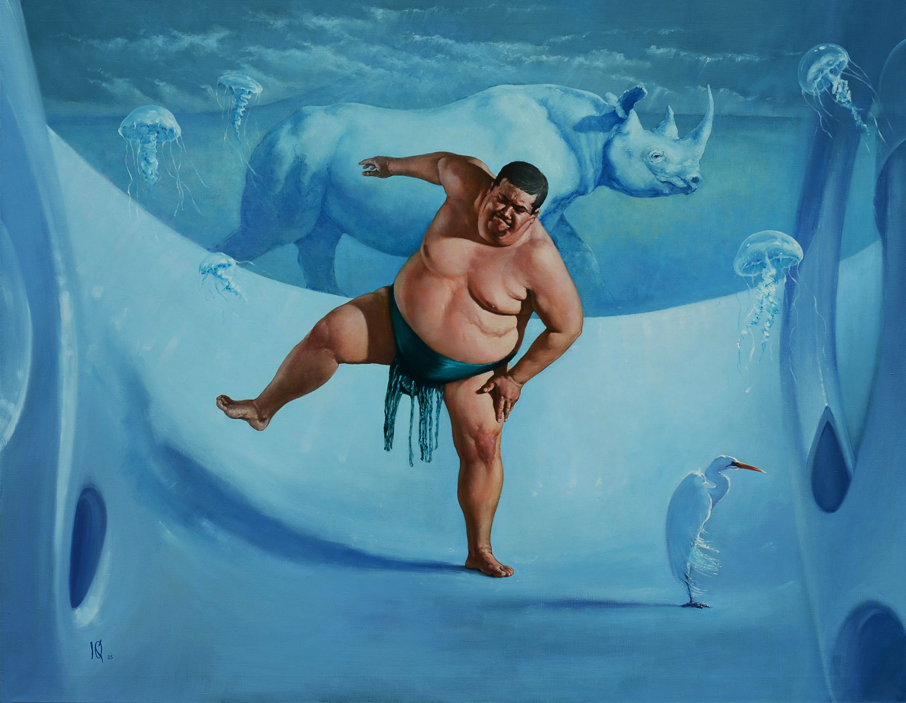 Man in swim trunks standing in a surreal underwater scene with a rhinoceros and jellyfish.