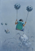 Artistic depiction of a person on a swing with spherical objects, set against a gray background.