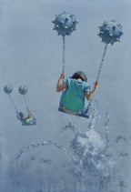 Artistic depiction of a person on a swing with spherical objects, set against a gray background.