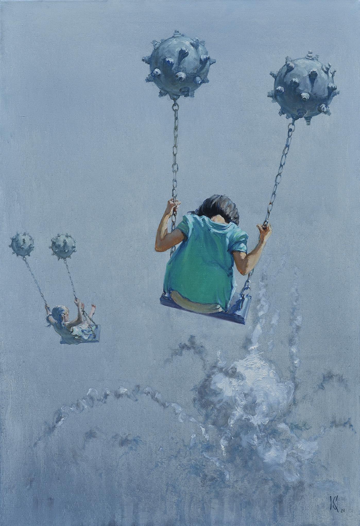 Artistic depiction of a person on a swing with spherical objects, set against a gray background.