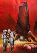 Artistic depiction of astronauts on a red planet with a large spacecraft in the background.