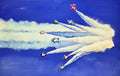 Artistic depiction of fighter jets performing aerial maneuvers against a blue sky.