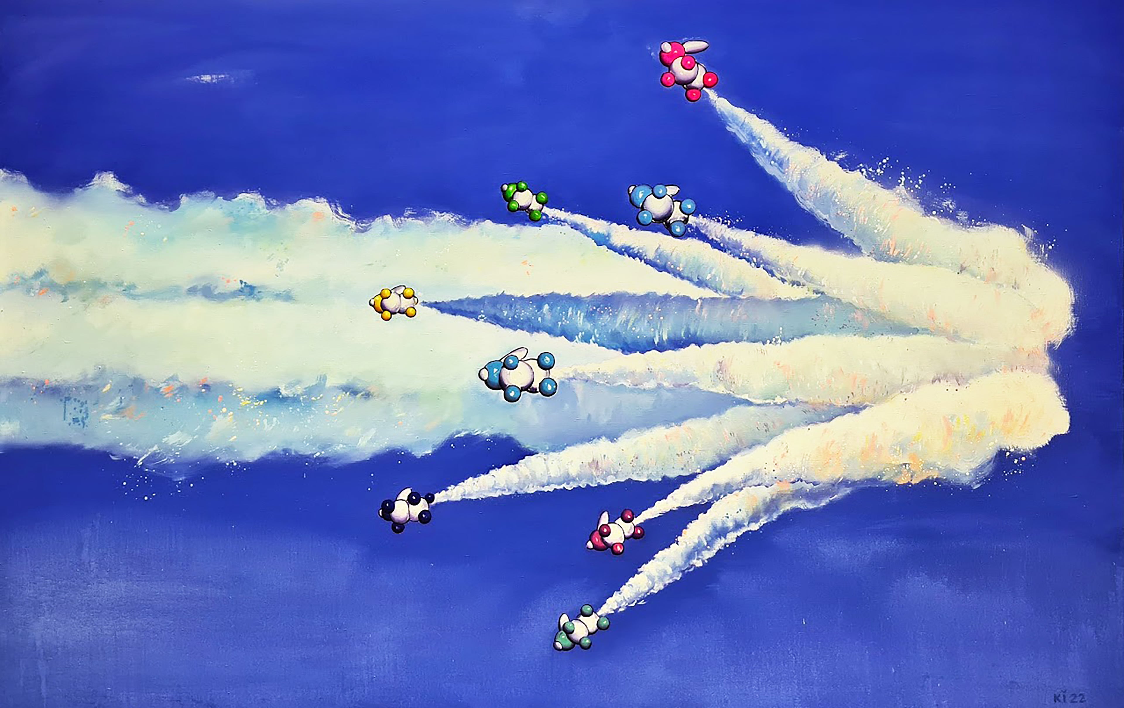 Artistic depiction of fighter jets performing aerial maneuvers against a blue sky.