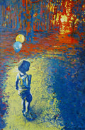 Colorful abstract painting of a child with balloons