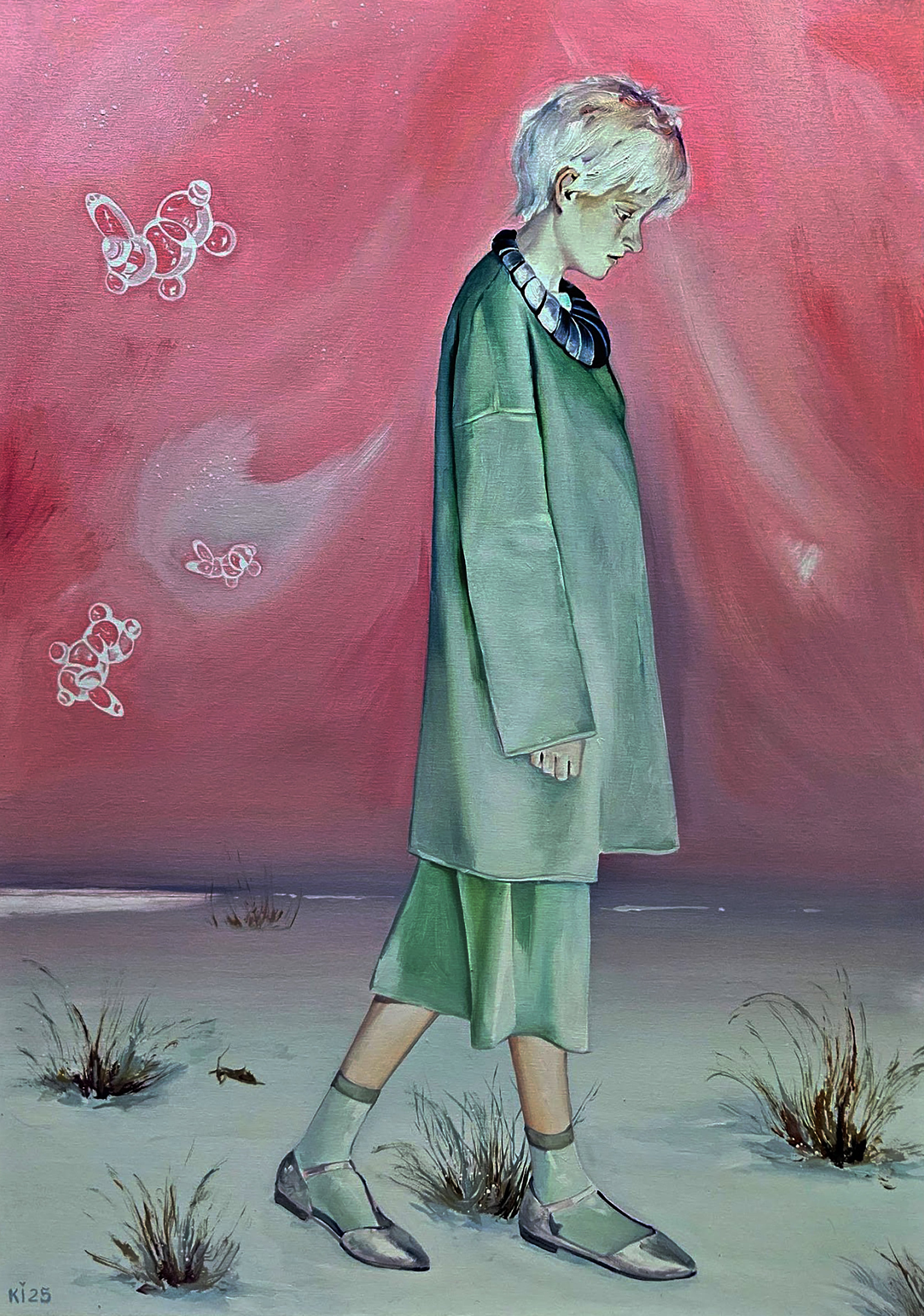 Painting of a person in a green coat standing on a beach with a pink sky and butterflies.