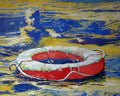 Artistic depiction of a life buoy in water with abstract background