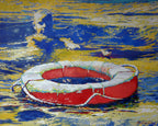 Artistic depiction of a life buoy in water with abstract background