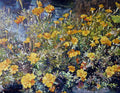 Oil painting of a field of yellow flowers with a blurred background