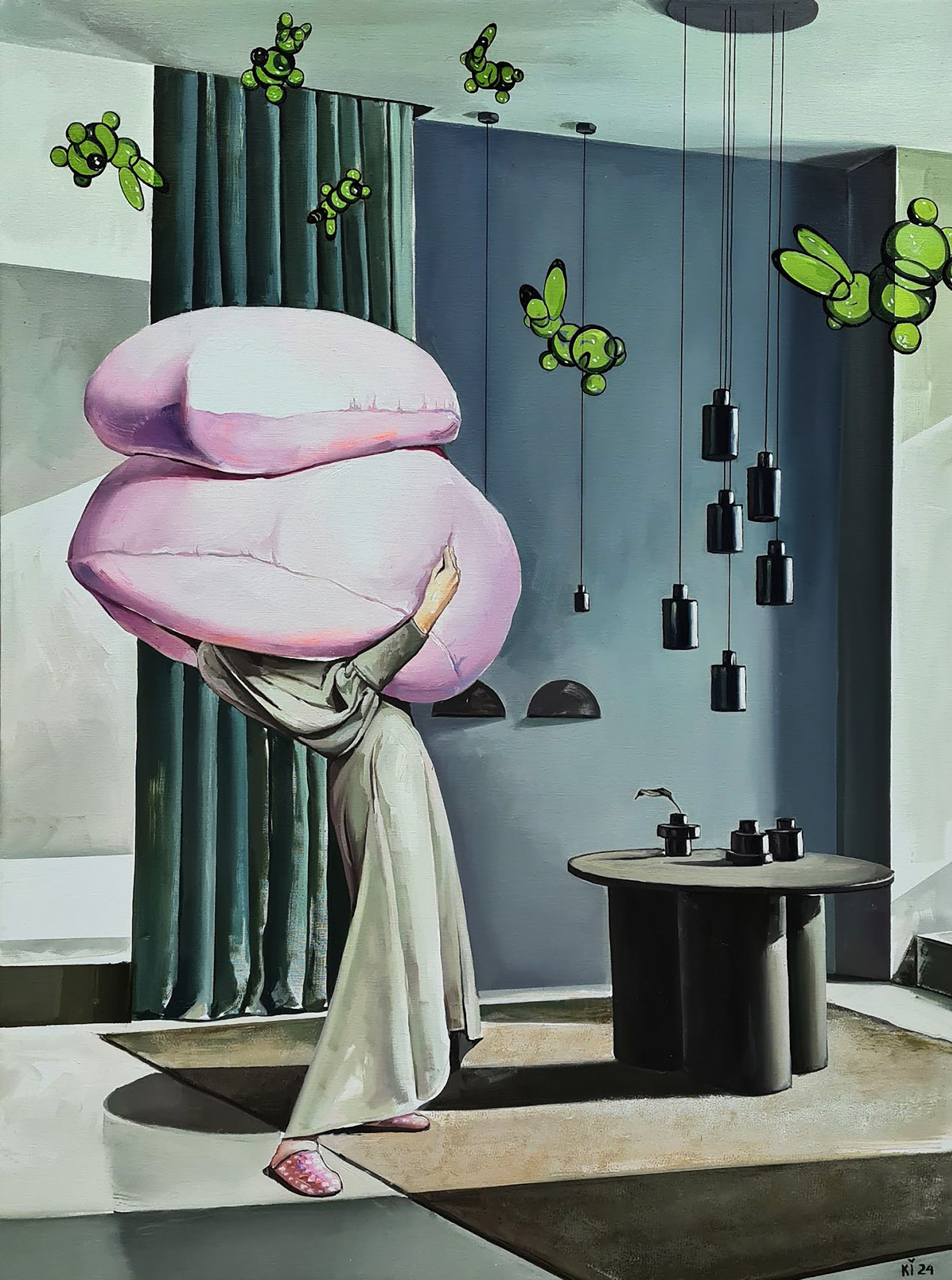 Person holding a large pink object in a modern interior setting with butterflies.