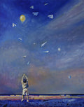 A person in a spacesuit on a beach with paper airplanes and moons in the sky