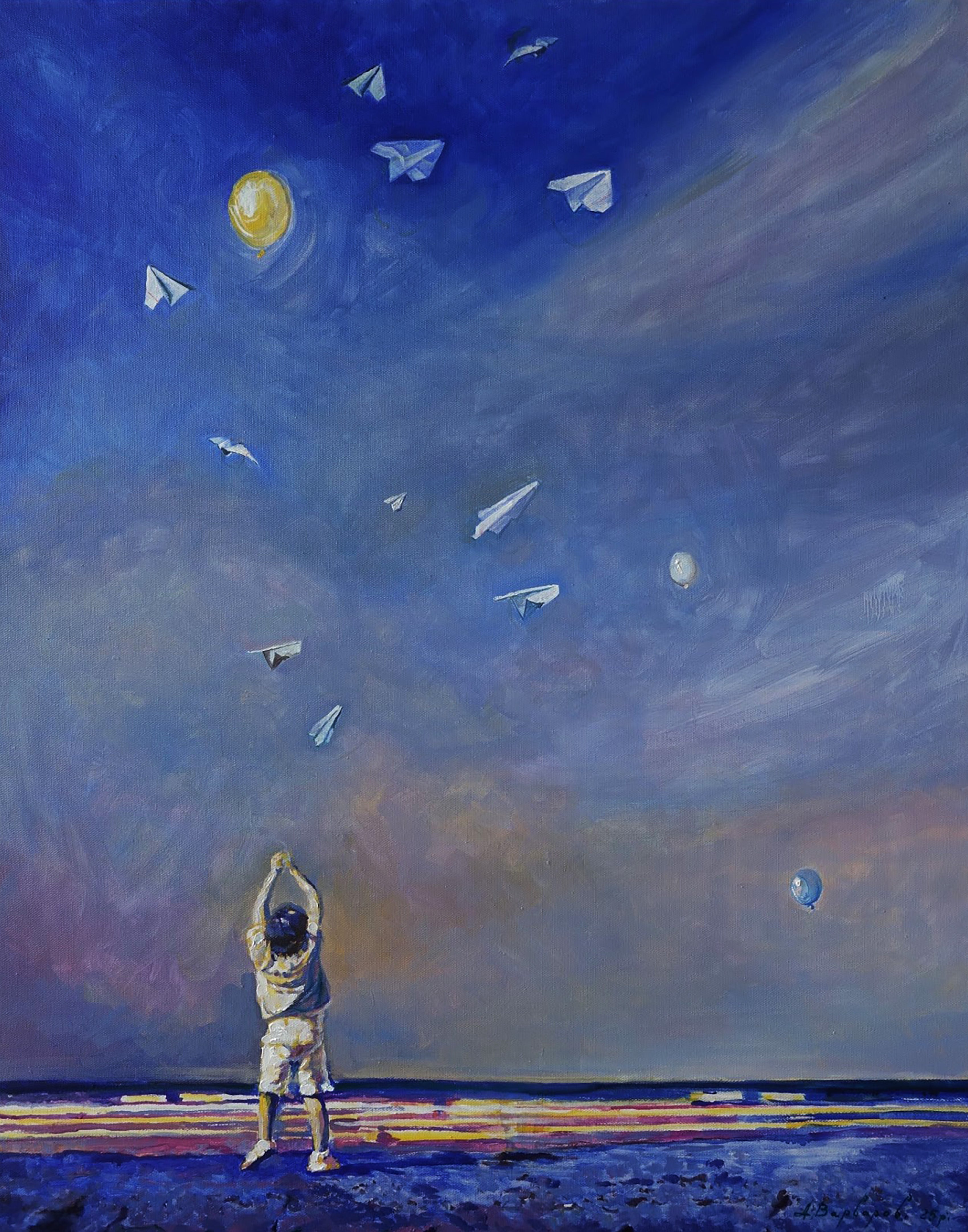 A person in a spacesuit on a beach with paper airplanes and moons in the sky