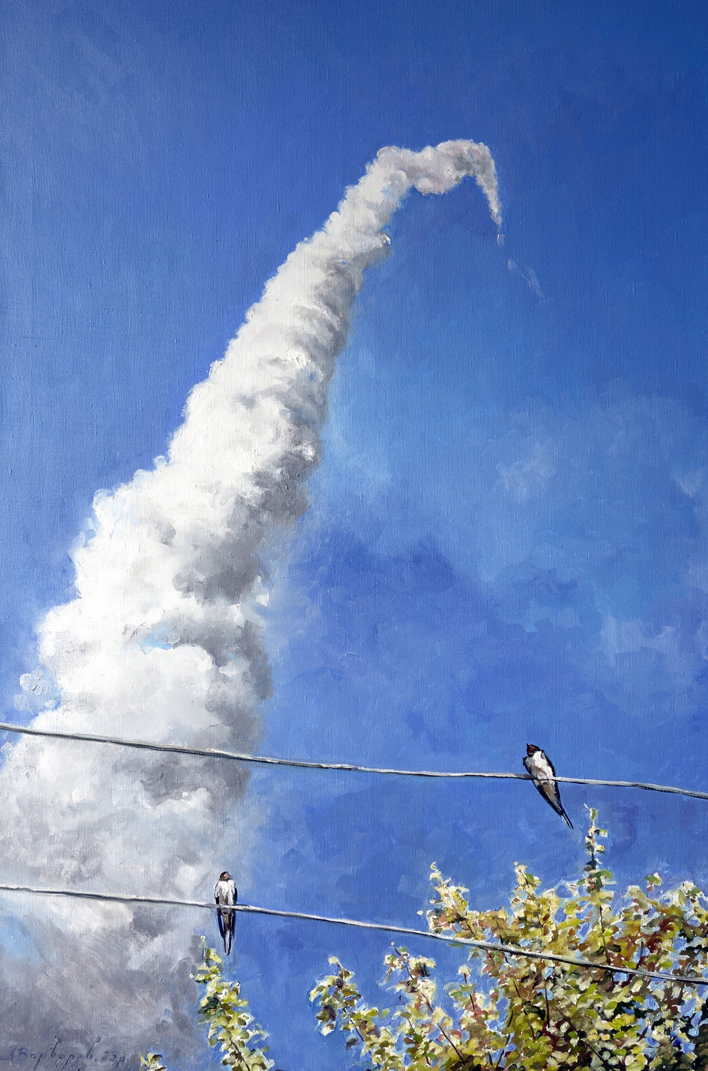 Rocket launch with smoke trail against a blue sky, birds perched on power lines.