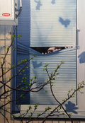 Window with blinds partially open, showing a person's face peeking out, with tree branches in the foreground.