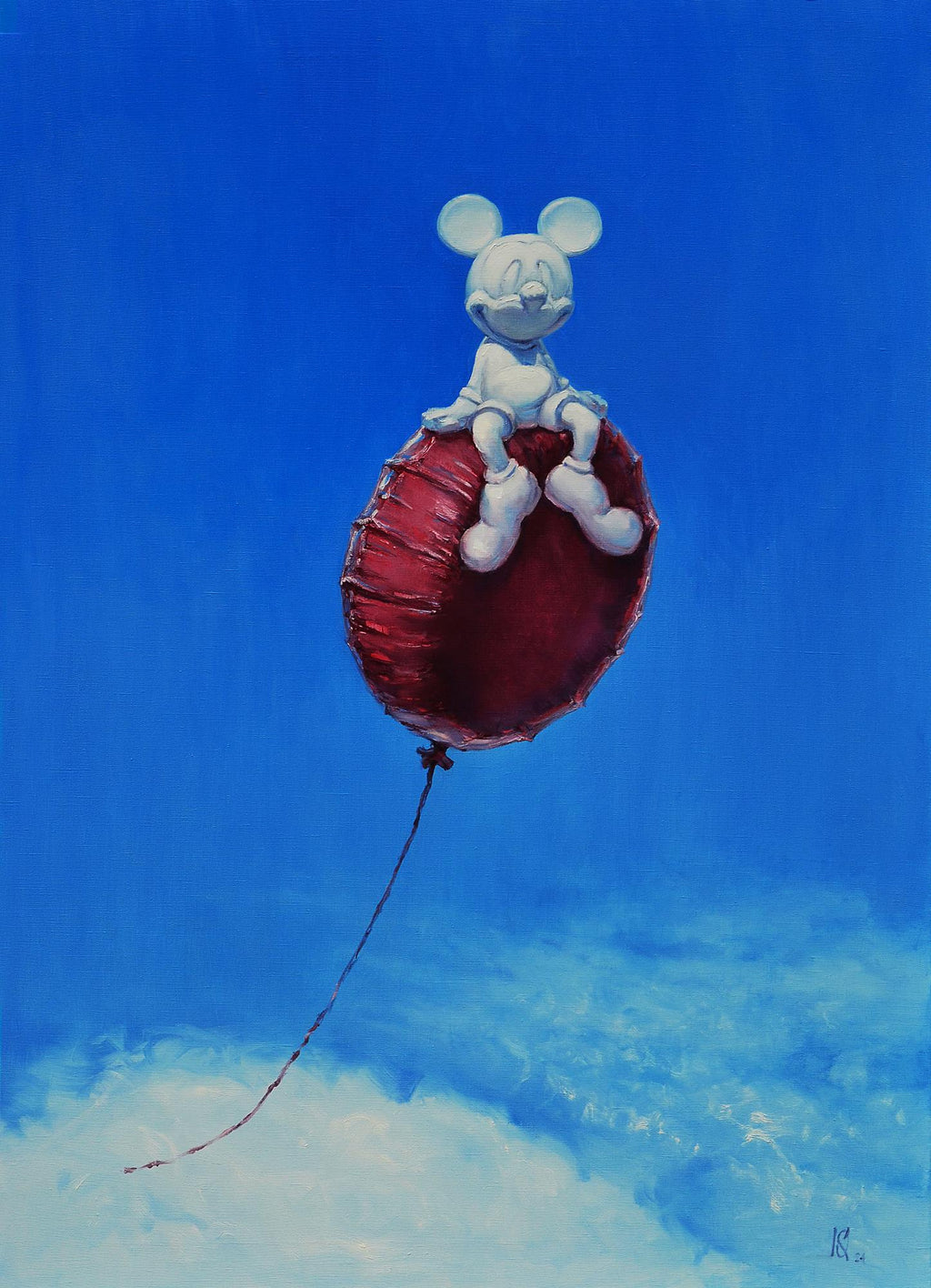 White cartoon character on a red balloon against a blue sky with clouds