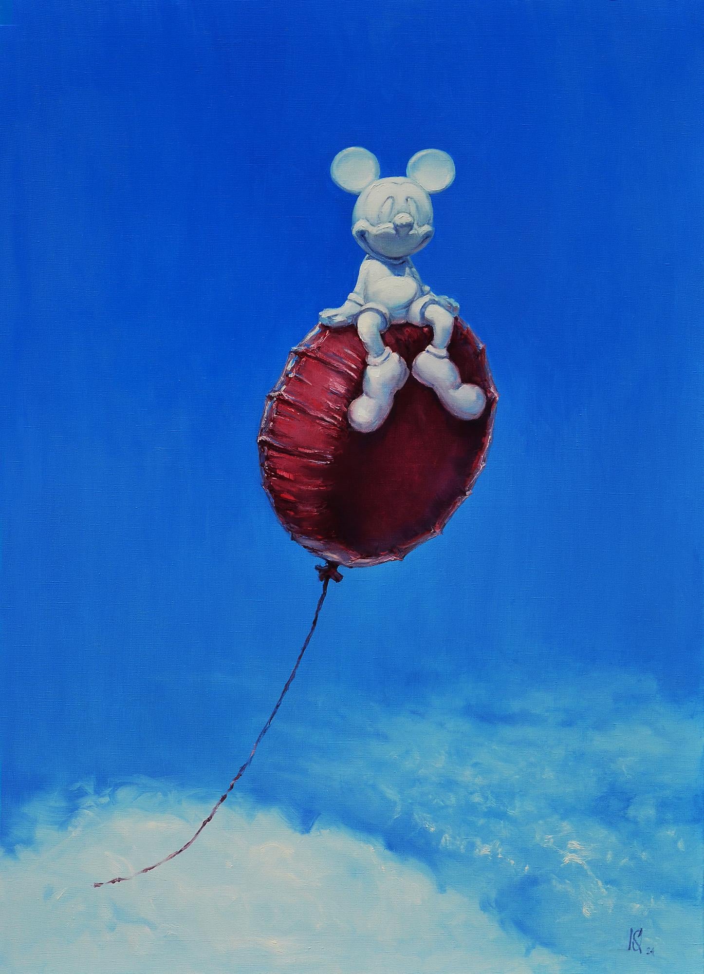 White cartoon character on a red balloon against a blue sky with clouds