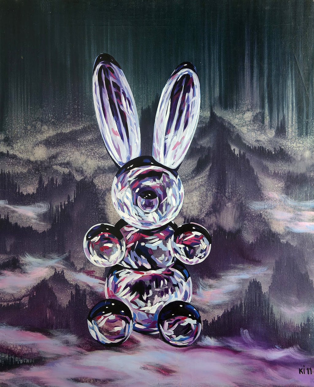 Glass rabbit sculpture with mountainous landscape background