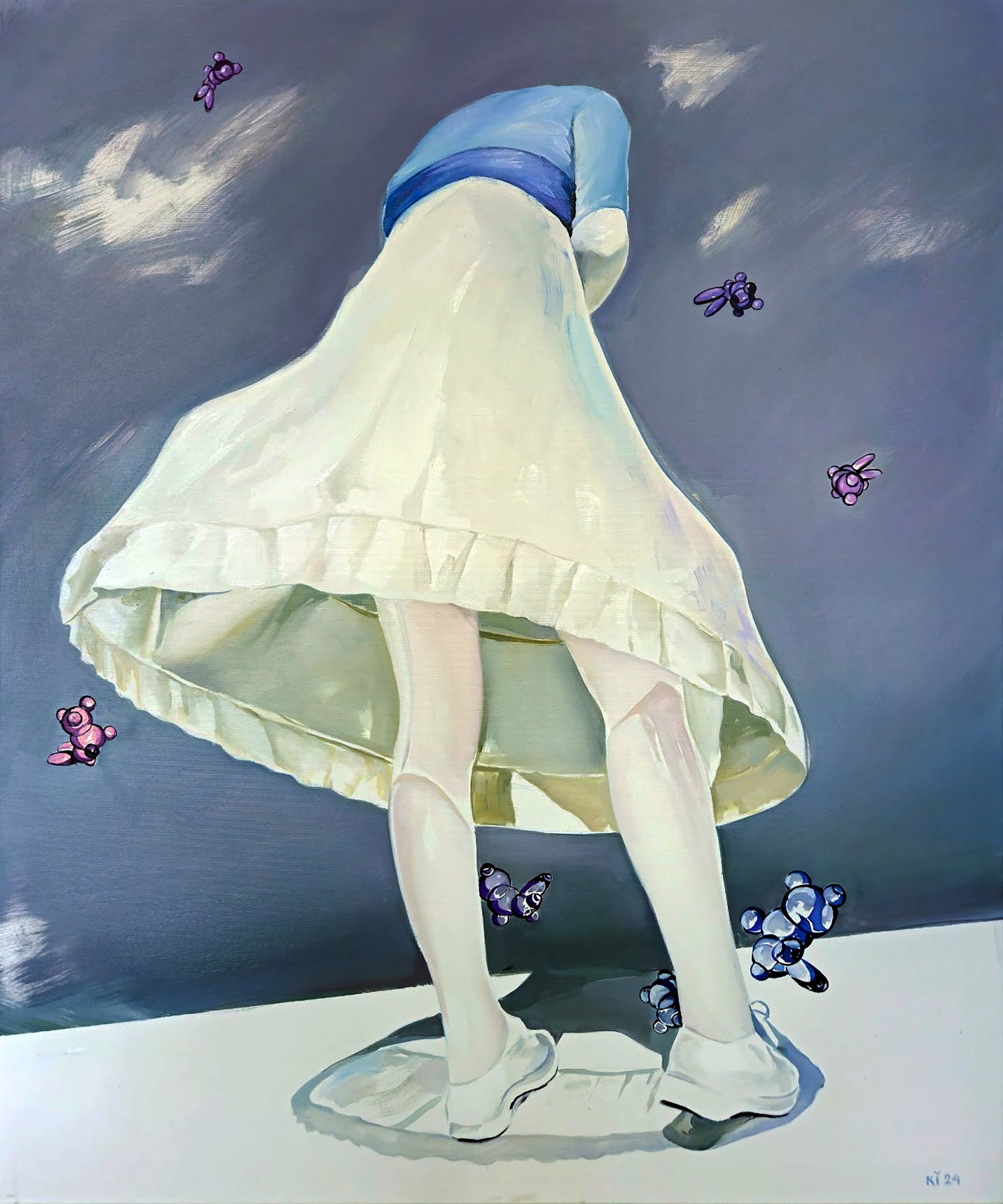 Person wearing a white dress and blue hat with butterflies around, against a dark blue background
