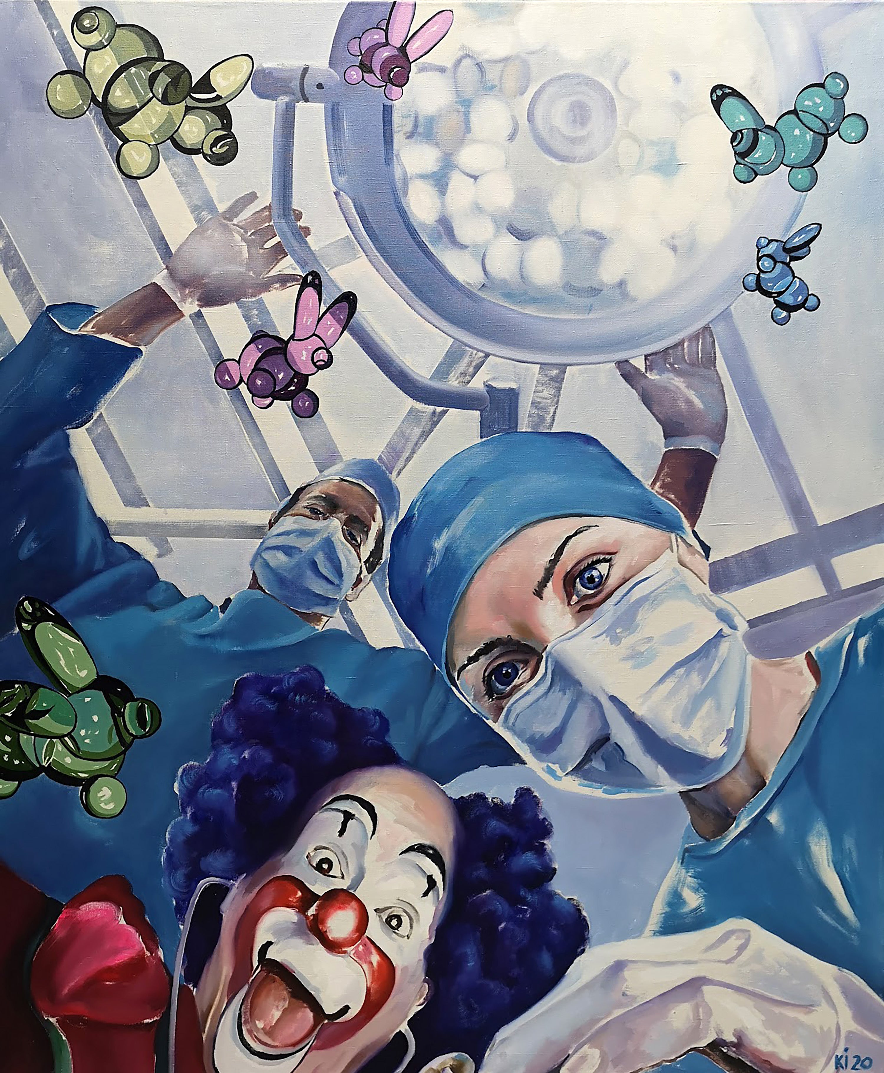 Surreal artwork of a clown and medical professionals in an operating room with colorful bacteria.
