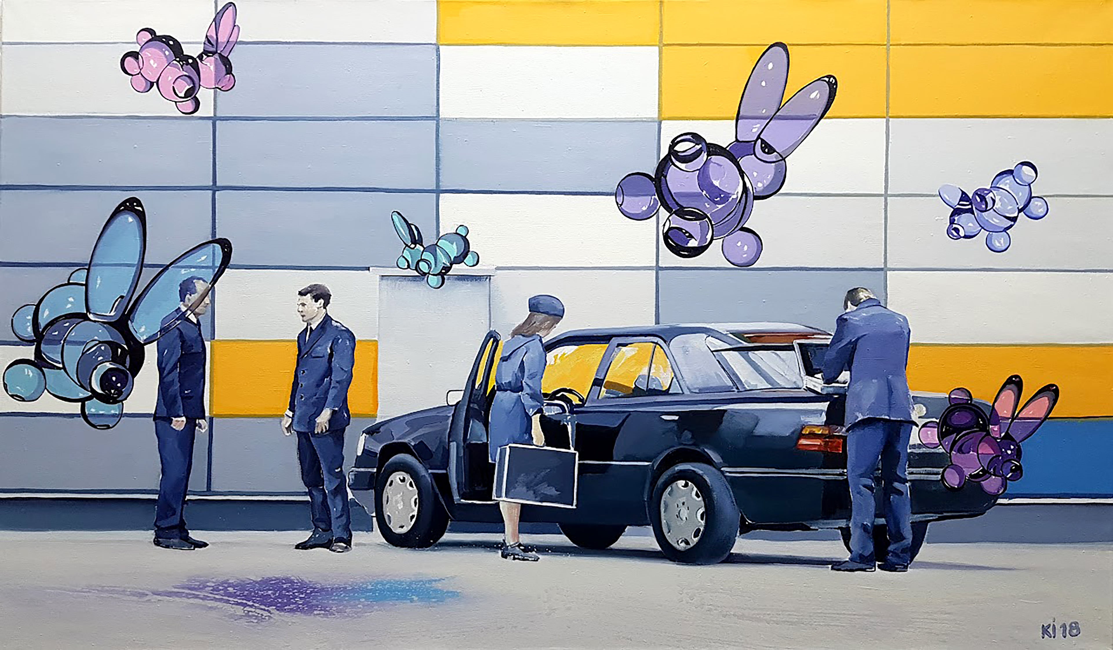 Artistic depiction of a car with people and colorful butterfly-like creatures against a multicolored wall.