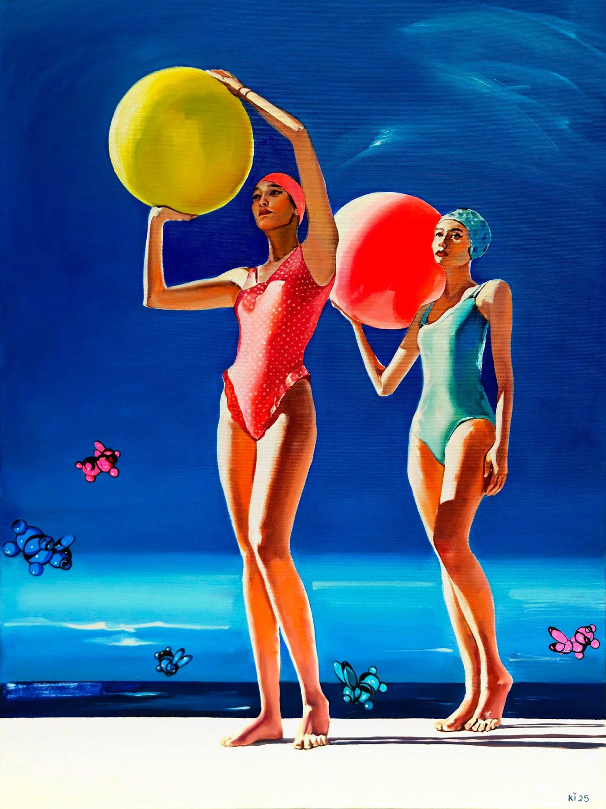 Two women in swimsuits holding large colorful balls against a blue sky.