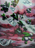 Abstract artwork with green and white shapes resembling pills, dollar bills, and a face on a pink and red background.