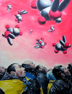 Artistic depiction of people looking up at floating molecular structures against a pink sky.