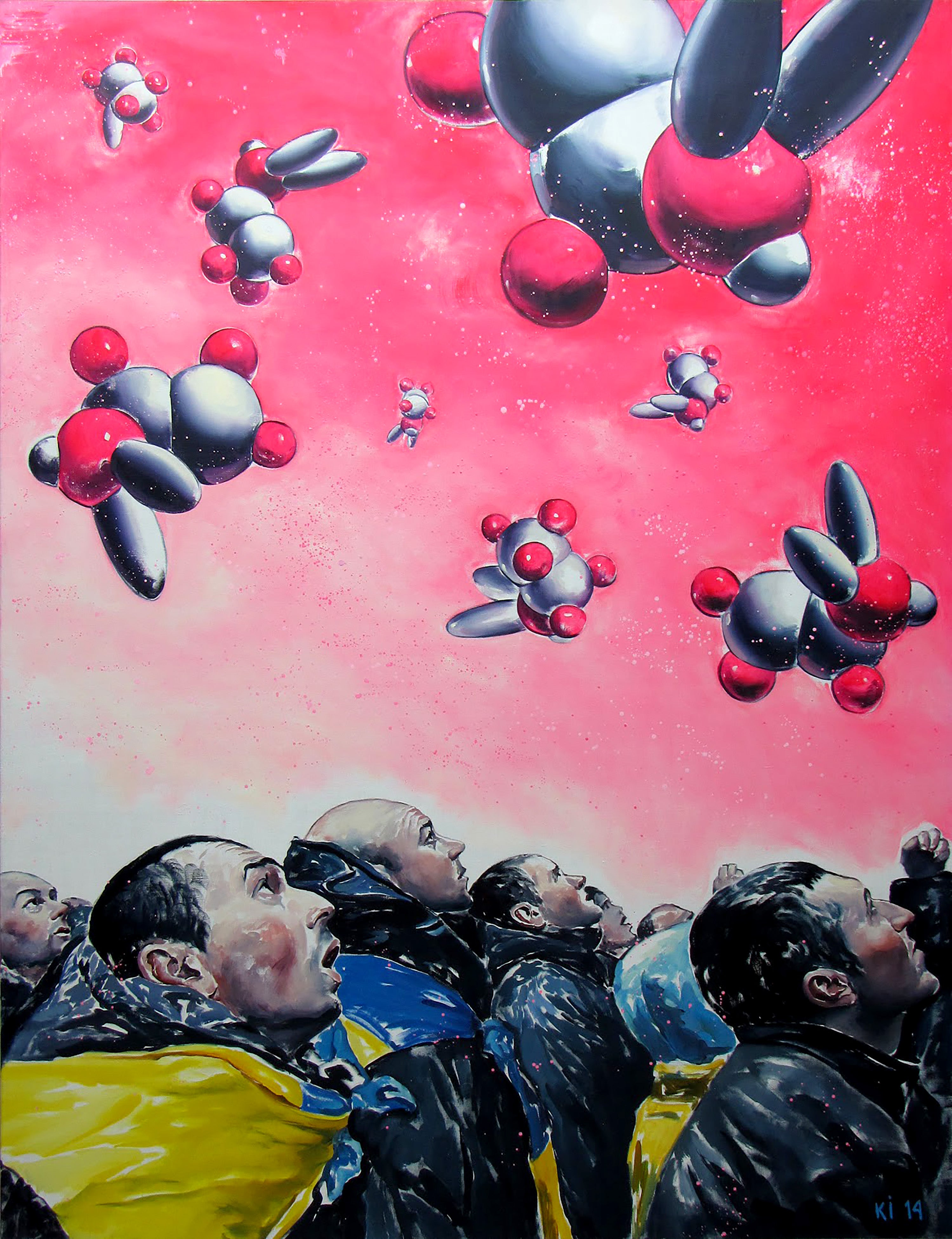 Artistic depiction of people looking up at floating molecular structures against a pink sky.