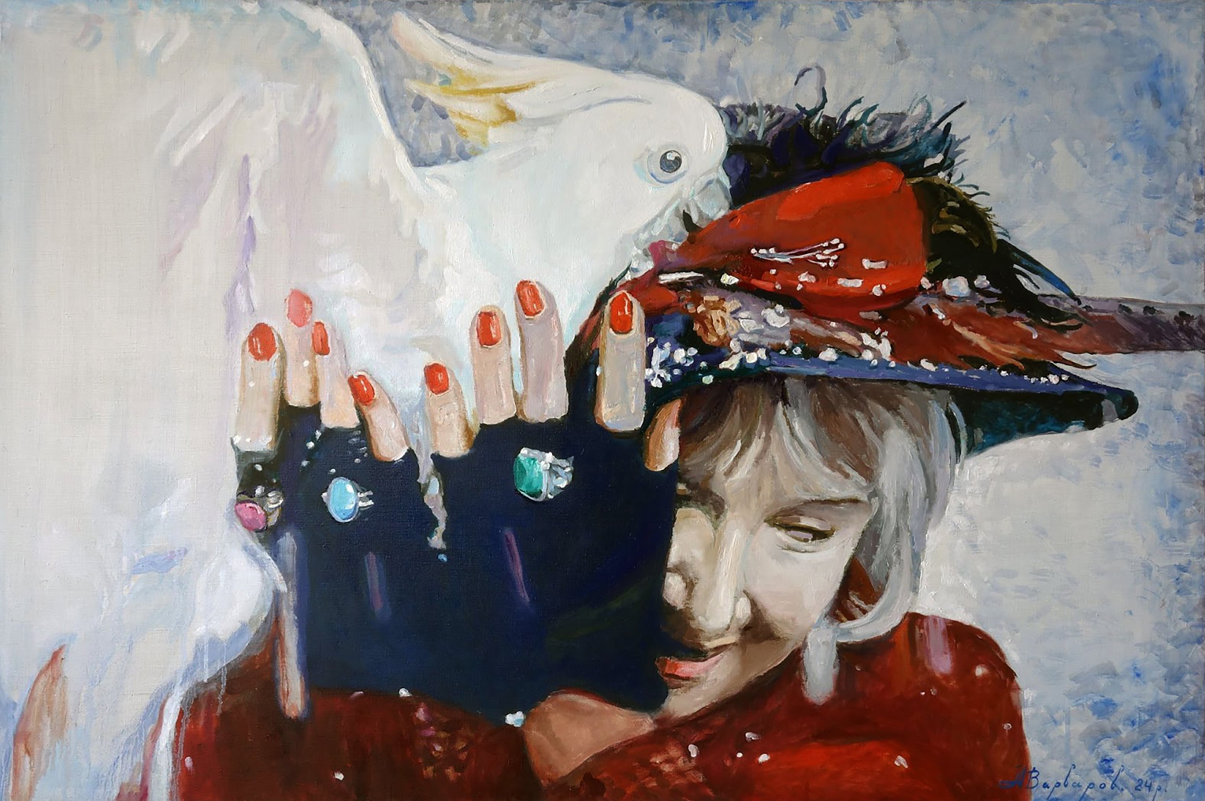 Artistic depiction of a person with a white cockatoo on their shoulder, wearing a red and blue hat.