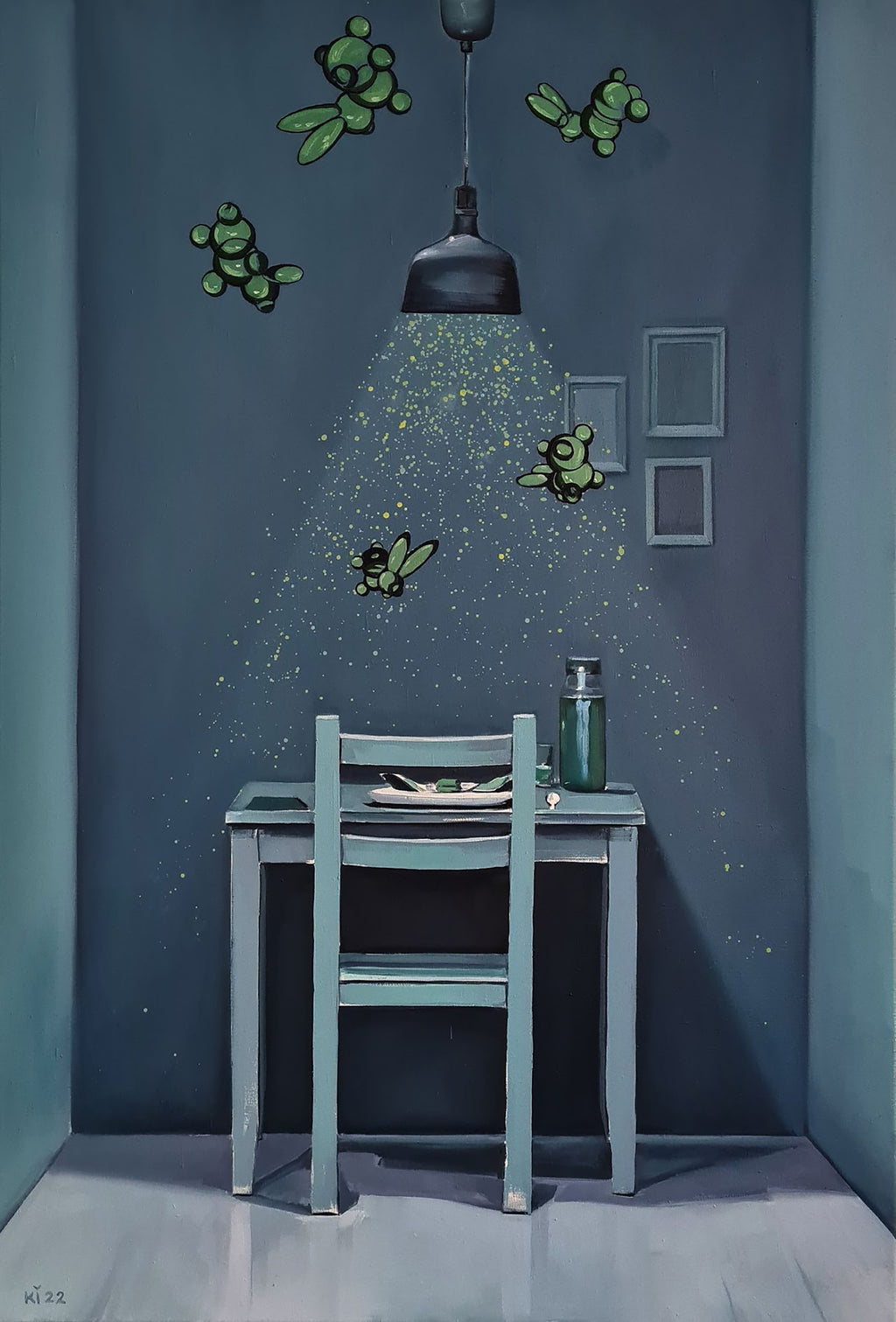 Dining table with chair under a hanging light fixture on a blue wall with decorative elements.