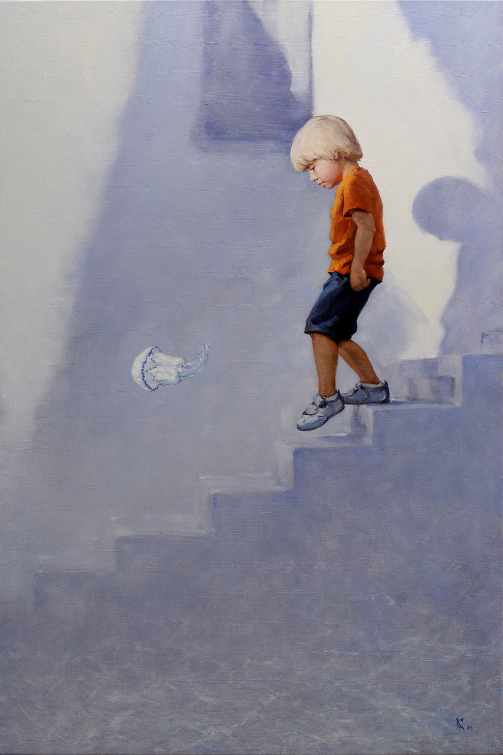 Painting of a child walking up a set of stairs with a soft, hazy background.