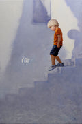 Painting of a child walking up a set of stairs with a soft, hazy background.