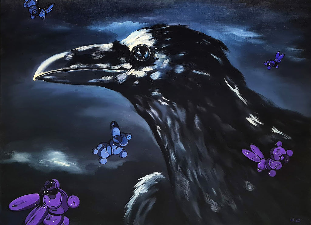 Dark painting of a raven with purple butterflies on a dark background