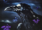 Dark painting of a raven with purple butterflies on a dark background