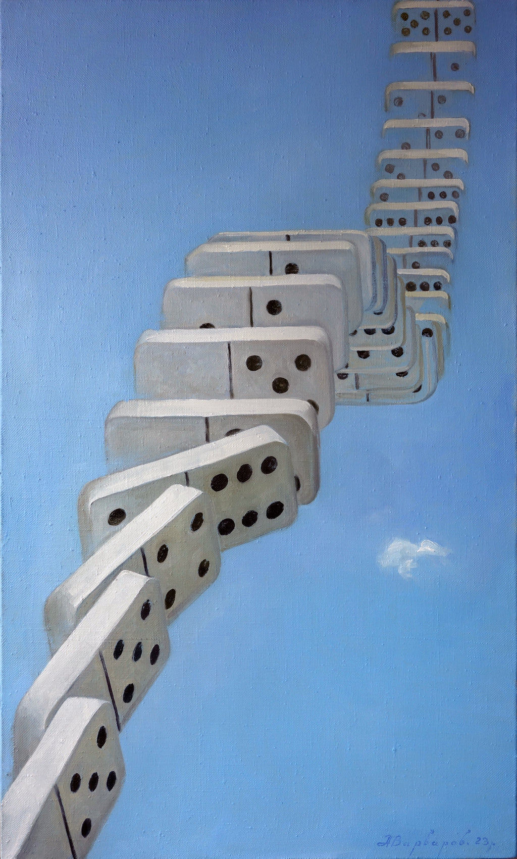 White dominoes set against a blue sky