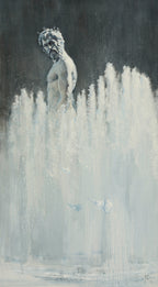 Statue emerging from water with a dark background