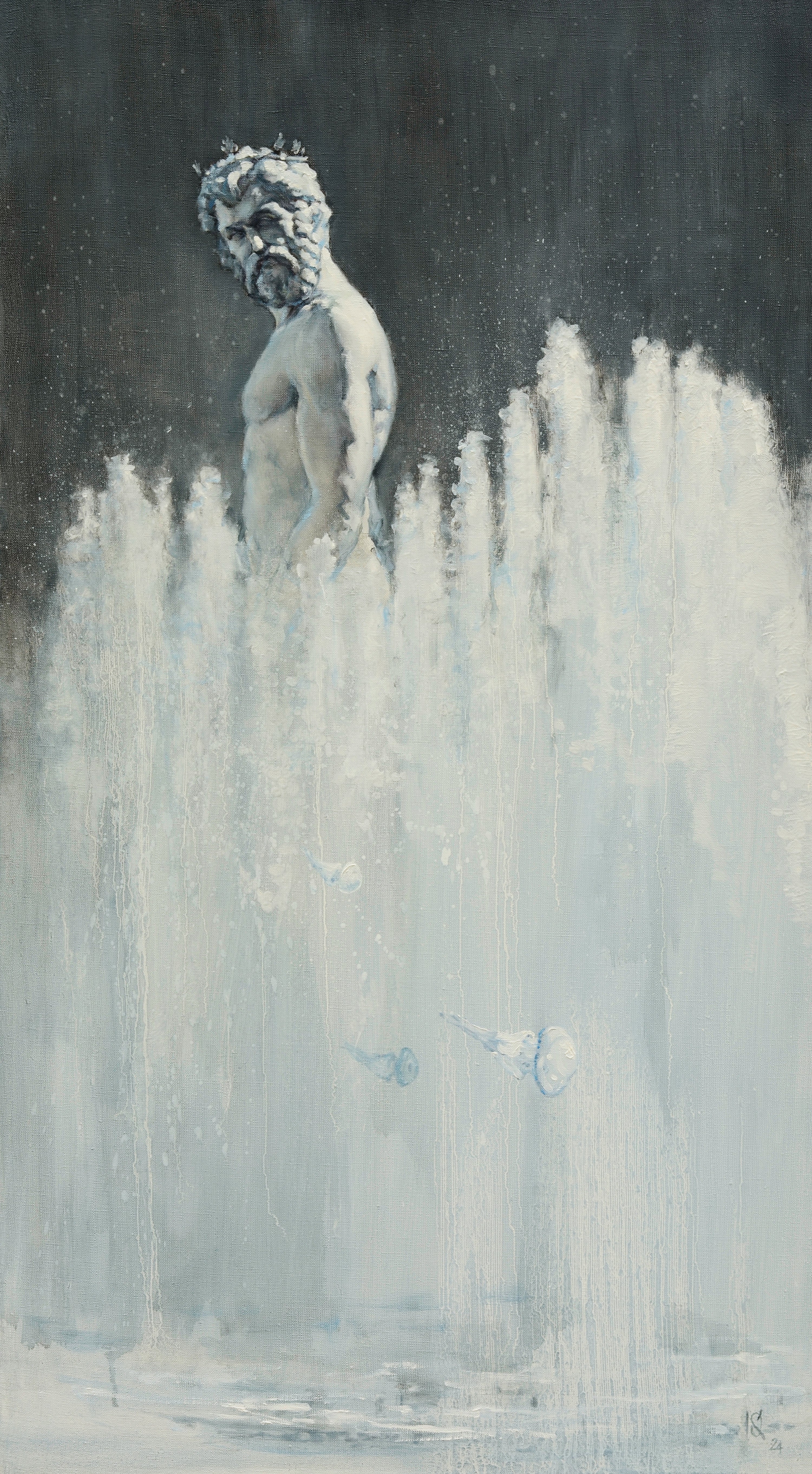 Statue emerging from water with a dark background