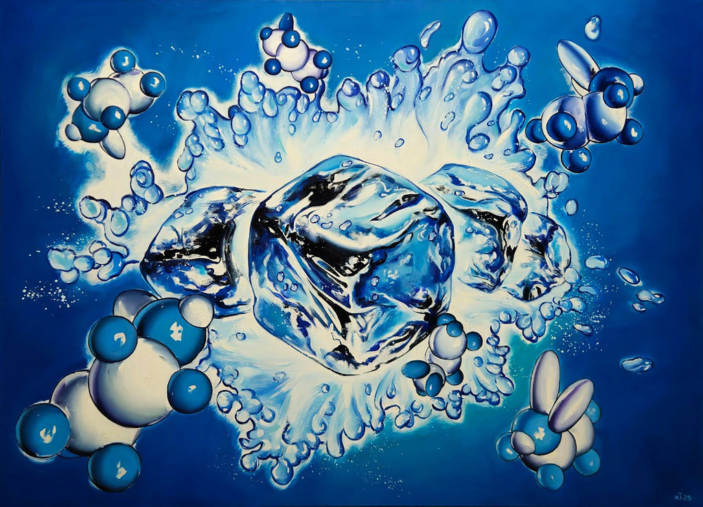 Artistic depiction of ice cubes and water droplets on a blue background