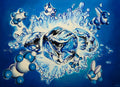 Artistic depiction of ice cubes and water droplets on a blue background